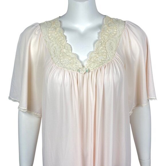 Vintage Shadowline Pale Pink Nylon Nightgown Womens M Flutter Sleeves Lace Trim - Picture 2 of 6